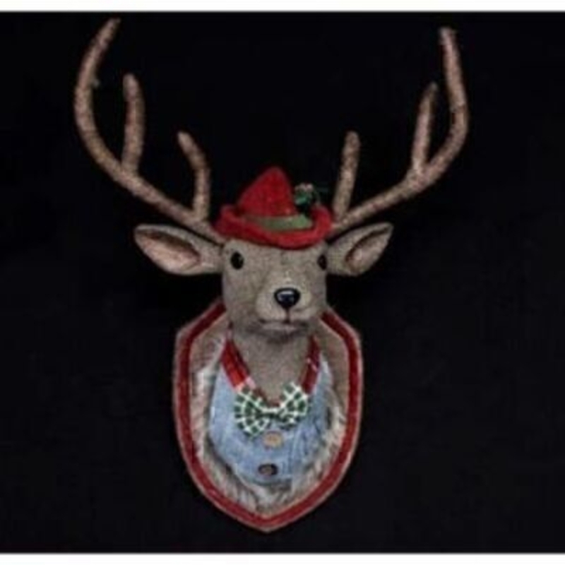 Dare to be different with this fabric dressed reindeer Stag Head Plaque Christmas Decoration by designer Gisela Graham. Made from tweed and felt fabric, this stag is dressed in a shirt, bow tie and matching hat A bit of festive Christmas decoration fun that will enjoyed for years to come Size 48x25x25cm<br><br>
If it is Christmas Decorations to be sent anywhere in the UK you are after than look no further than Booker Flowers and Gifts Liverpool UK. Our Decorations are specially selected from across a range of suppliers. This way we can bring you the very best of what is available in Christmas Decorations.<br><br>
Reindeers are a really festive motive and Gisela Graham has lots of beautiful reindeer in her collection. Christmas Tree Decorations, candle holders, and ornaments. If it is reindeer you love look no further than Gisela Graham Reindeer for beautiful Christmas Decoration.<br><br>
Gisela loves Christmas Gisela Graham Limited is one of Europes leading giftware design companies. Gisela made her name designing exquisite Christmas and Easter decorations. However she has now turned her creative design skills to designing pretty things for your kitchen - home and garden. She has a massive range of over 4500 products of which Gisela is personally involved in the design and selection of. In their own words Gisela Graham Limited are about marking special occasions and celebrations. Such as Christmas - Easter - Halloween - birthday - Mothers Day - Fathers Day - Valentines Day - Weddings Christenings - Parties - New Babies. All those occasions which make life special are beautifully celebrated by Gisela Graham Limited.<br><br>
Christmas and it is her love of this occasion which made her company Gisela Graham Limited come to fruition. Every year she introduces completely new Christmas Collections with Unique Christmas decorations. Gisela Grahams Christmas ranges appeal to all ages and pockets.<br><br>
Gisela Graham Christmas Decorations are second not none a really large collection of very beautiful items she is especially famous for her Fairies and Nativity. If it is really beautiful and charming Christmas Decorations you are looking for think no further than Gisela Graham.<br><br>
This quirky reindeer head plaque Christmas decoration by Gisela Graham is really fun. Brought out year after year this Christmas Reindeer will be a favorite Christmas decoration. Remember Booker Flowers and Gifts for Reindeer Christmas Decorations by Gisela Graham.
